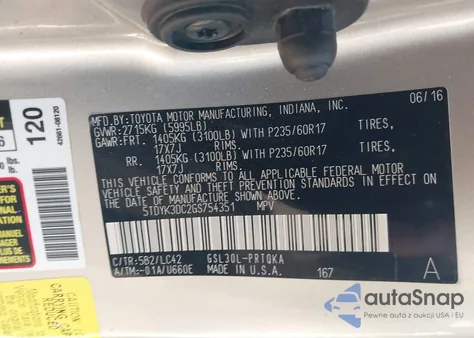 2016 Toyota Sienna Xle/Limited z USA, uszkodzony, nr VIN 5TDYK3DC2GS754351